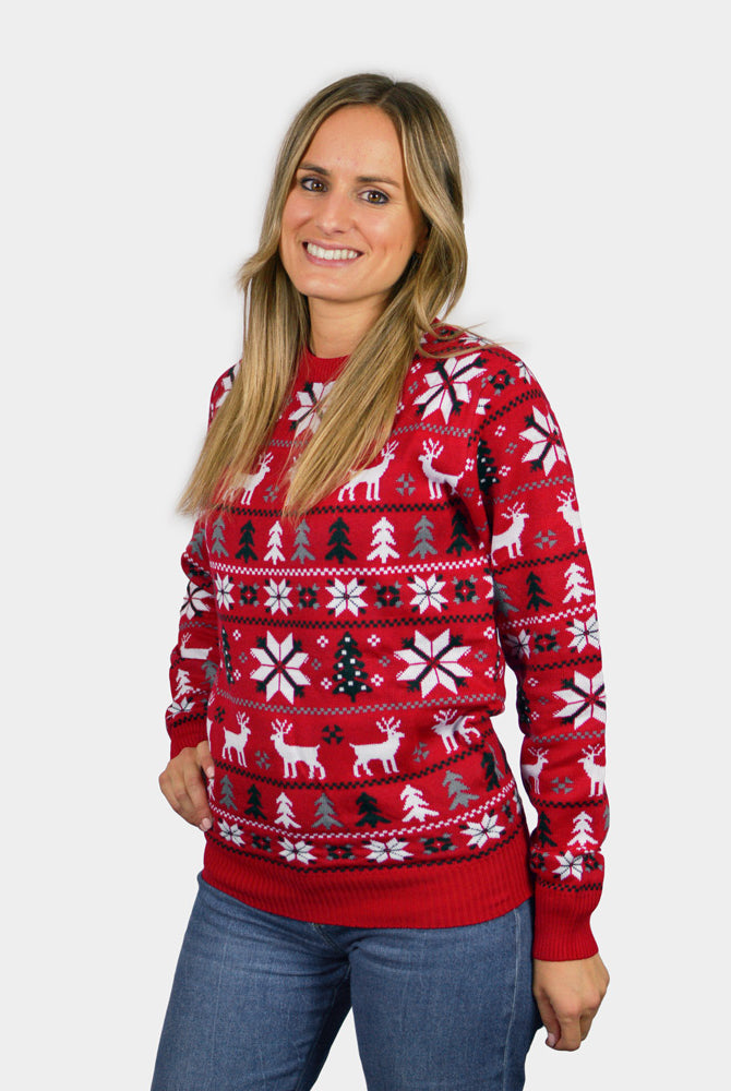 Pull de Noël femme Rouge avec Rennes, Sapins et Étoiles Polaires