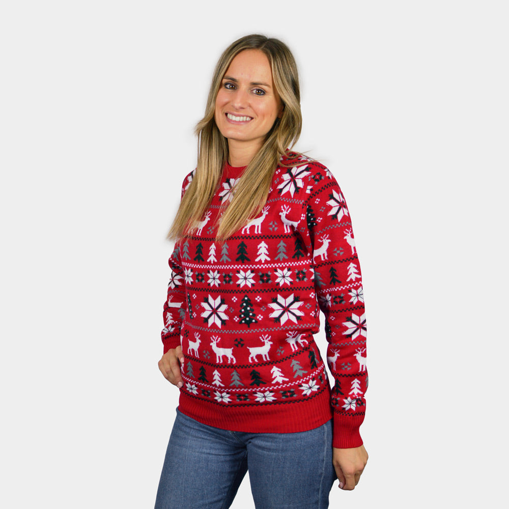 Pull de Noël femme Rouge avec Rennes, Sapins et Étoiles Polaires