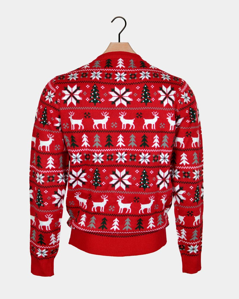 Pull de Noël Rouge avec Rennes, Sapins et Étoiles Polaires Dos