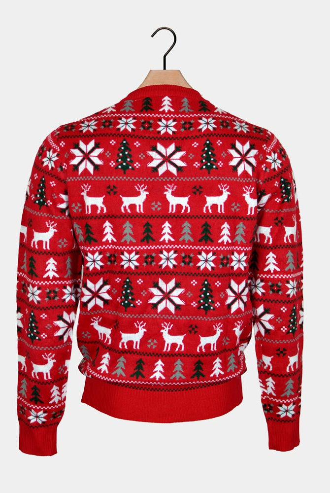 Pull de Noël Rouge avec Rennes, Sapins et Étoiles Polaires Dos