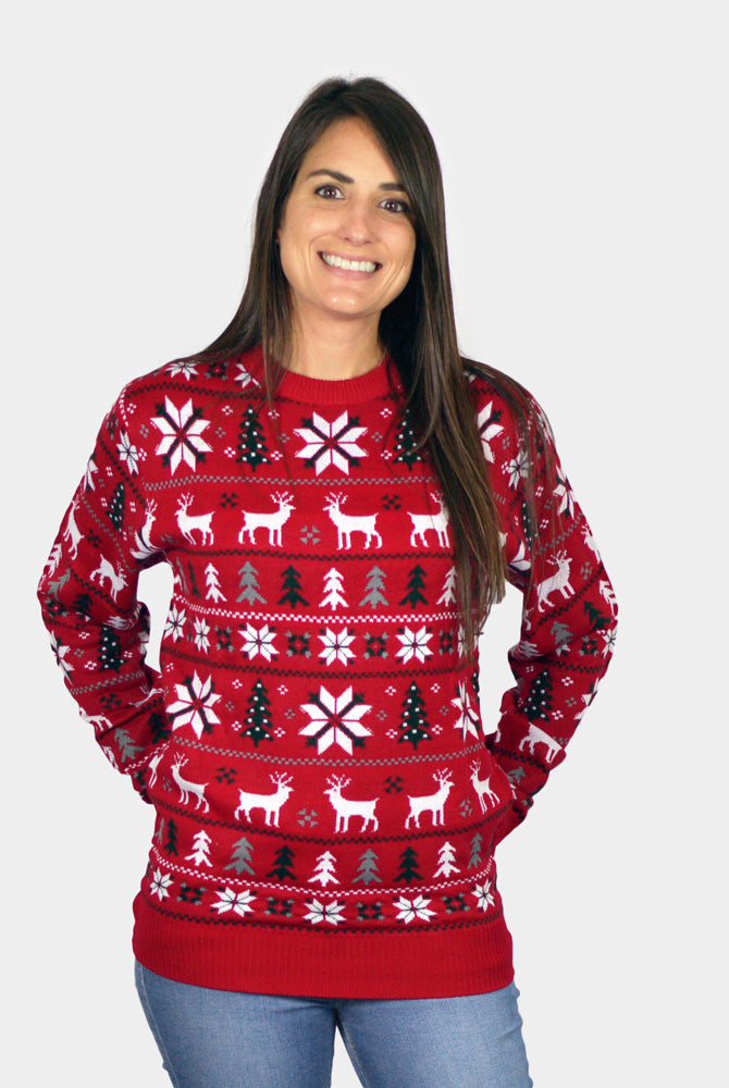 Pull de Noël Rouge avec Rennes, Sapins et Étoiles Polaires