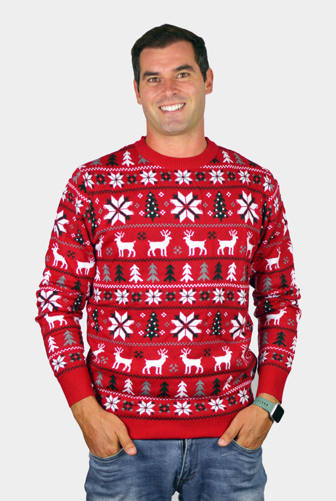 Pull de Noël Rouge avec Rennes, Sapins et Étoiles Polaires Homme