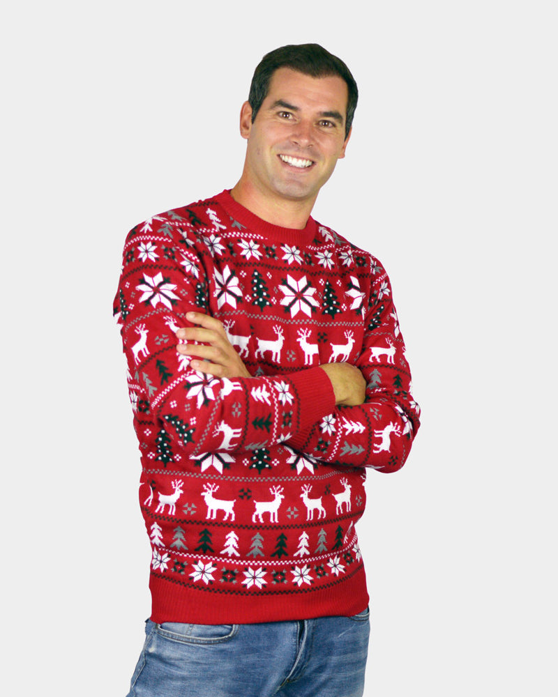 Pull de Noël Homme Rouge avec Rennes, Sapins et Étoiles Polaires