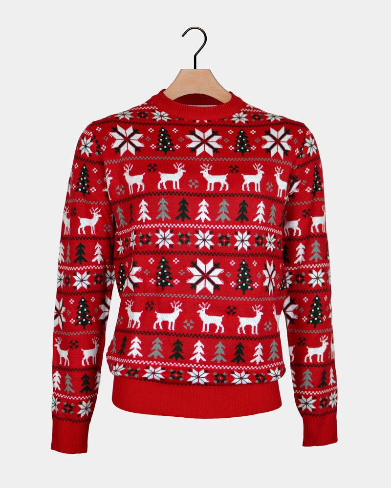 Pull de Noël Rouge avec Rennes, Sapins et Étoiles Polaires