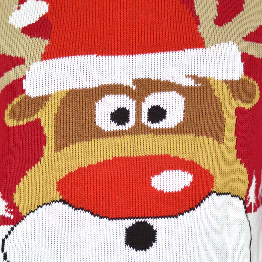 Pull de Noël Rouge avec Rudolph le Renne Détail