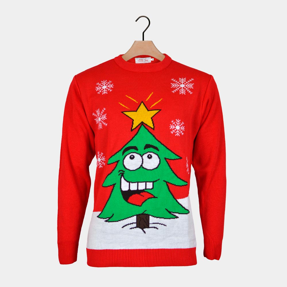 Pull de Noël Rouge avec Sapin de Noël Souriant