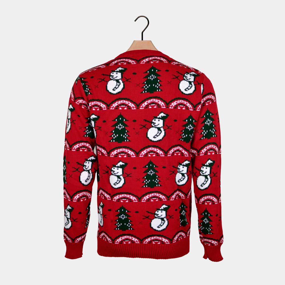 Pull de Noël Rouge avec Sapins et Bonhommes de Neige Dos