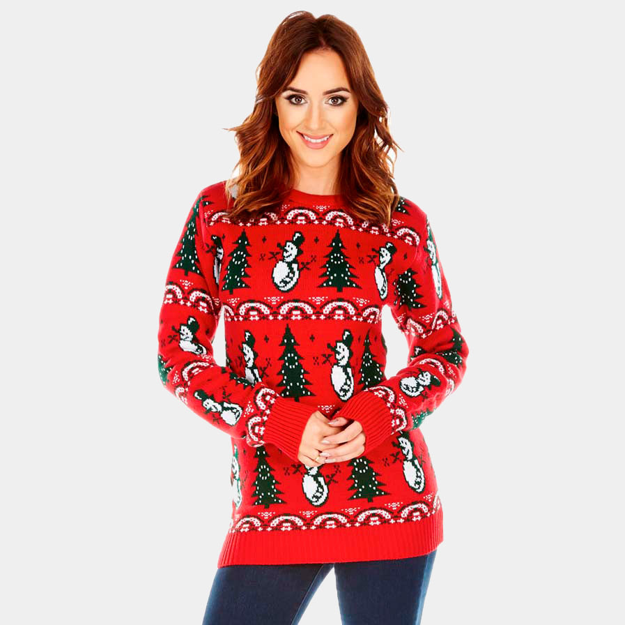 Pull de Noël Rouge avec Sapins et Bonhommes de Neige Femme