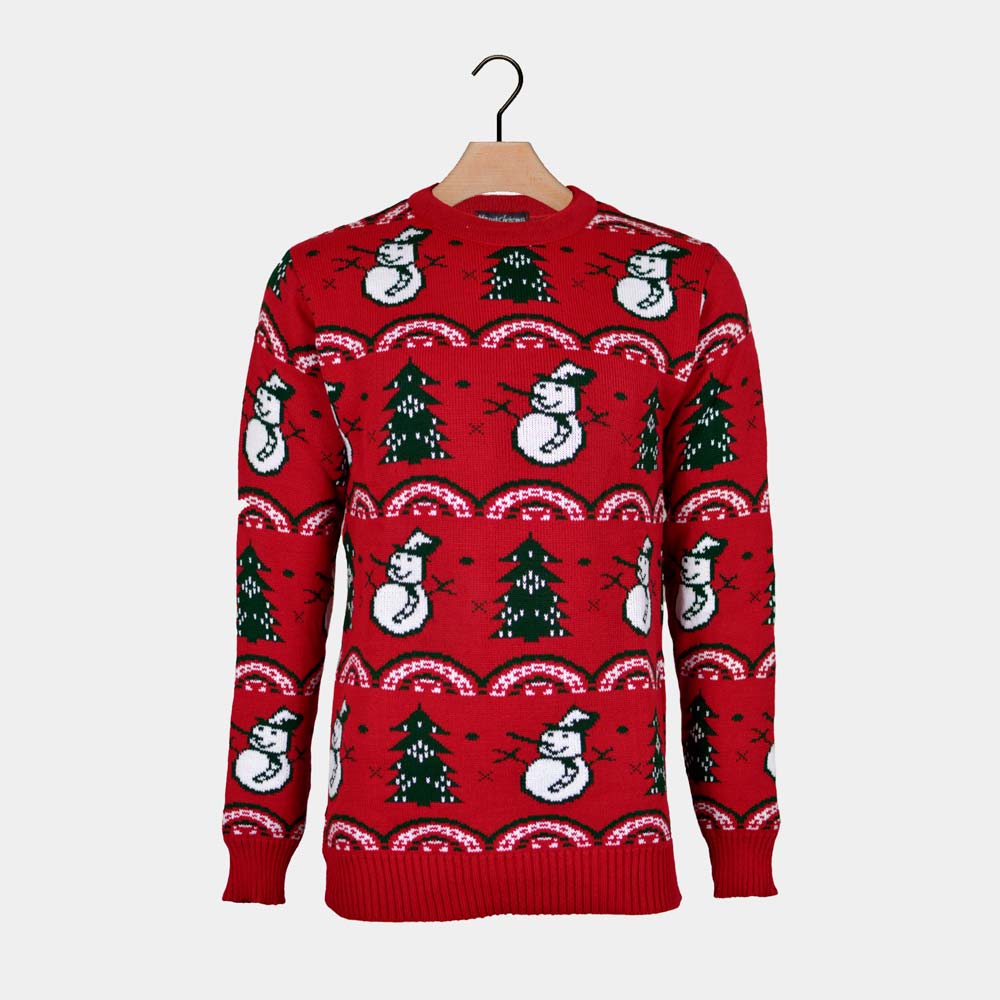 Pull de Noël Rouge avec Sapins et Bonhommes de Neige