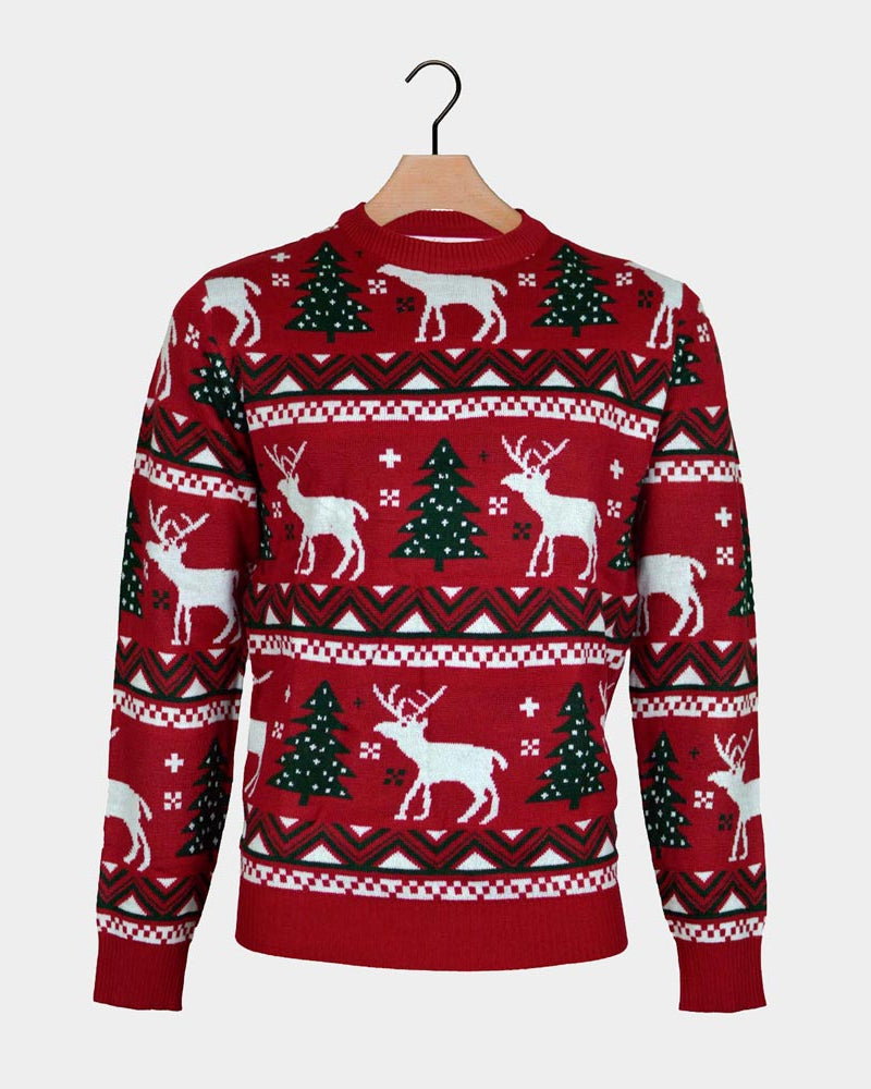 Pull de Noël Rouge avec Sapins de Noël et Rennes