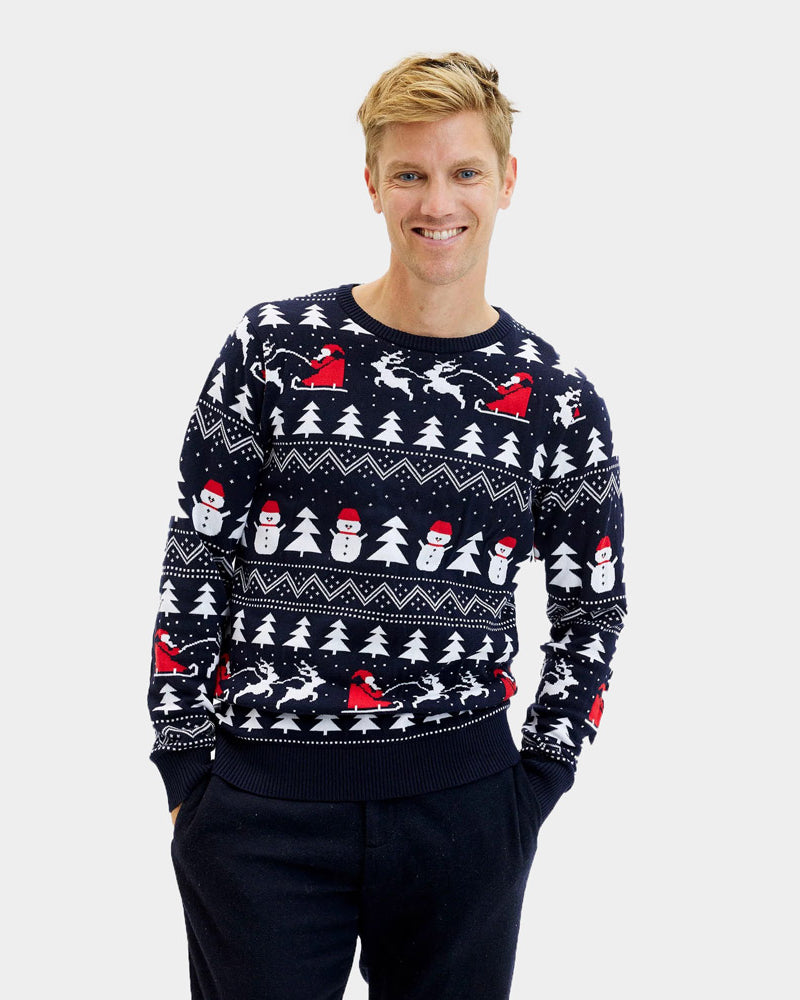 Pull de Noël avec Sapins, Bonhommes de Neige et Père Noël Coton Bio Homme