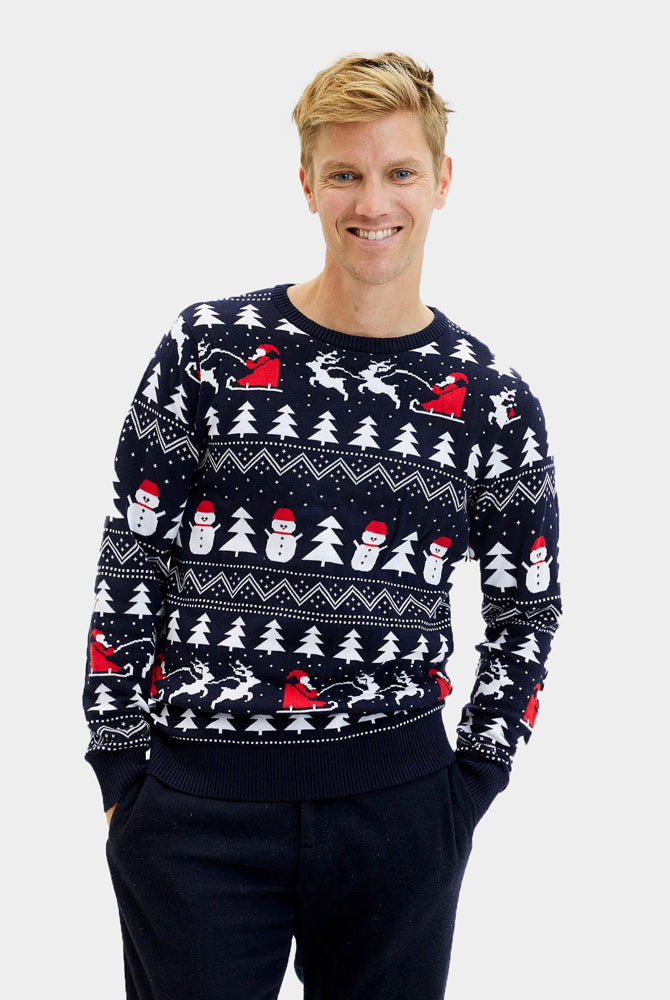 Pull de Noël avec Sapins, Bonhommes de Neige et Père Noël Coton Bio Homme