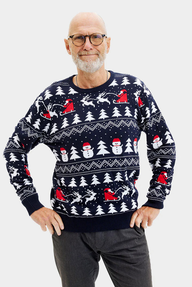 Pull de Noël avec Sapins, Bonhommes de Neige et Père Noël Coton Bio pour Homme