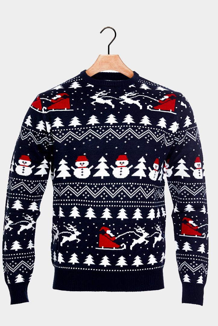 Pull de Noël avec Sapins, Bonhommes de Neige et Père Noël Coton Bio