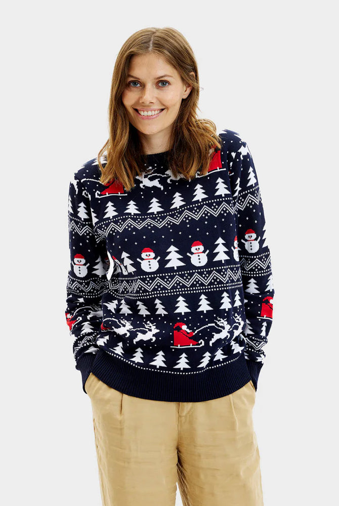 Pull de Noël avec Sapins, Bonhommes de Neige et Père Noël pour femme