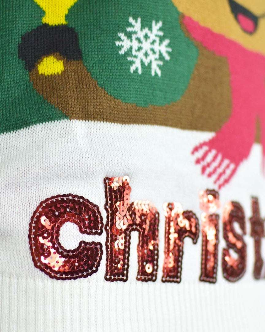 Pull de Noël Vert Holly Jolly Sequins Détail