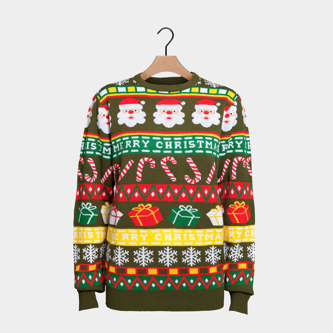 Pull de Noël Vert avec Père Noël et Cadeaux