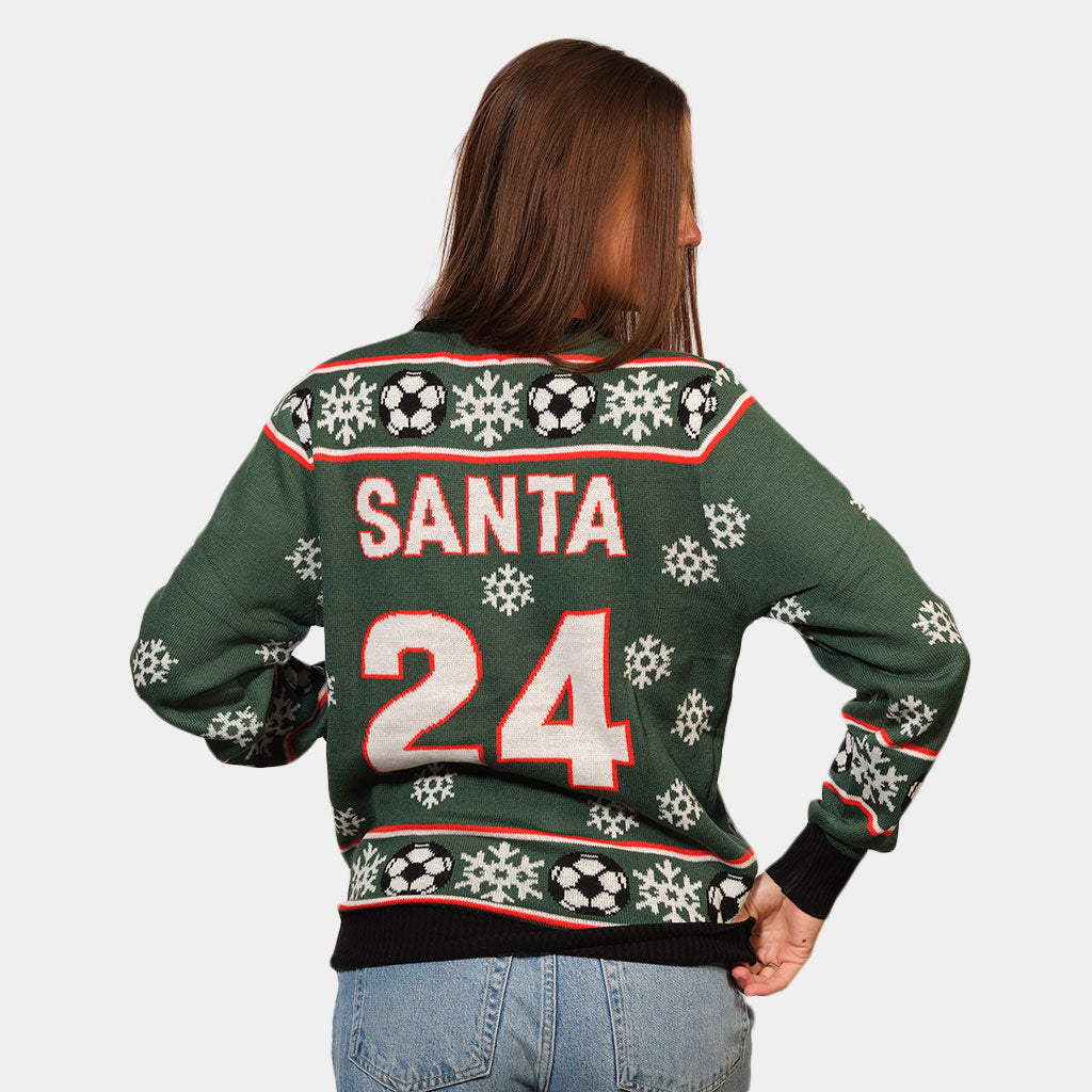 Pull de Noël Vert Père Noël jouant au Foot Femme Dos