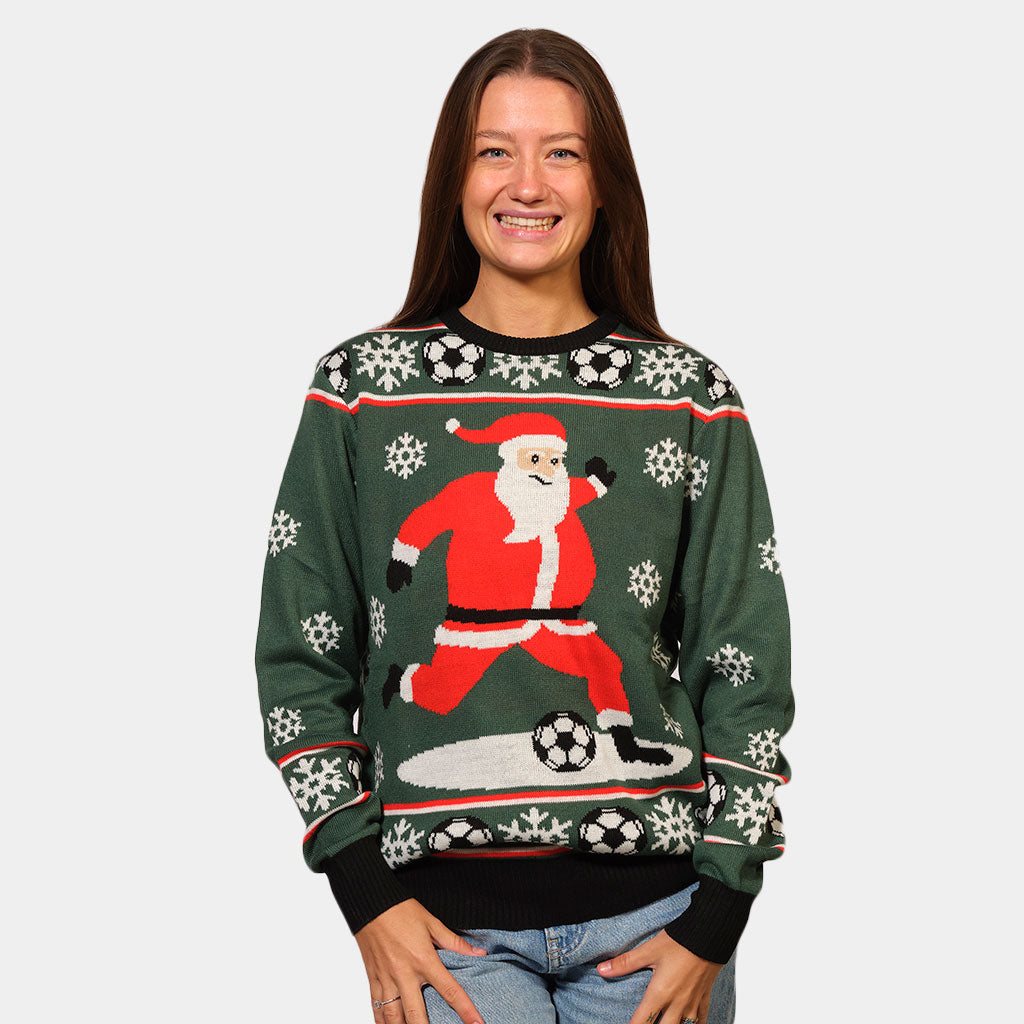 Pull de Noël Vert Père Noël jouant au Foot Femme