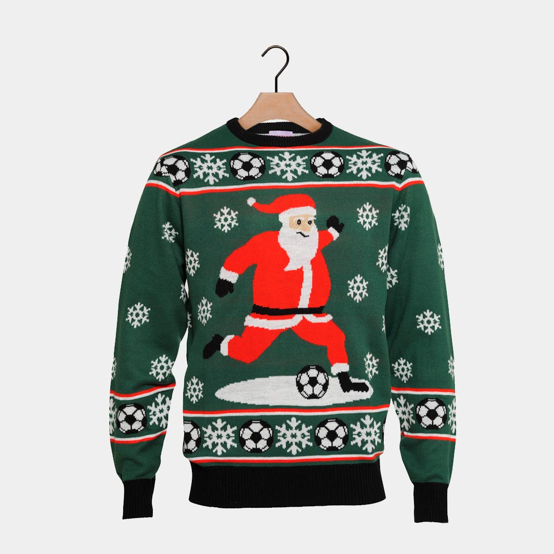 Pull de Noël Vert Père Noël jouant au Foot