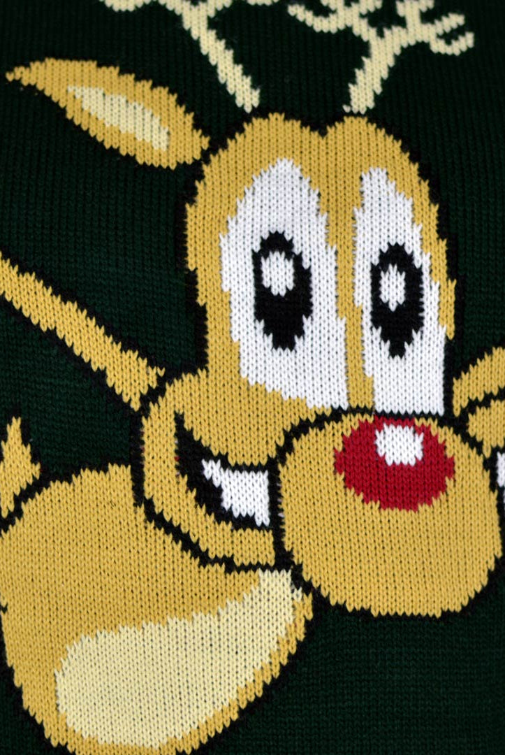Pull de Noël Vert avec Renne Patinant Détail