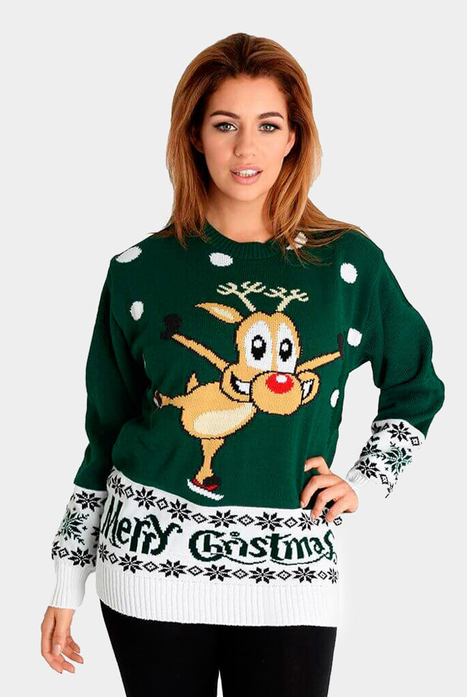 Pull de Noël Vert avec Renne Patinant Femme