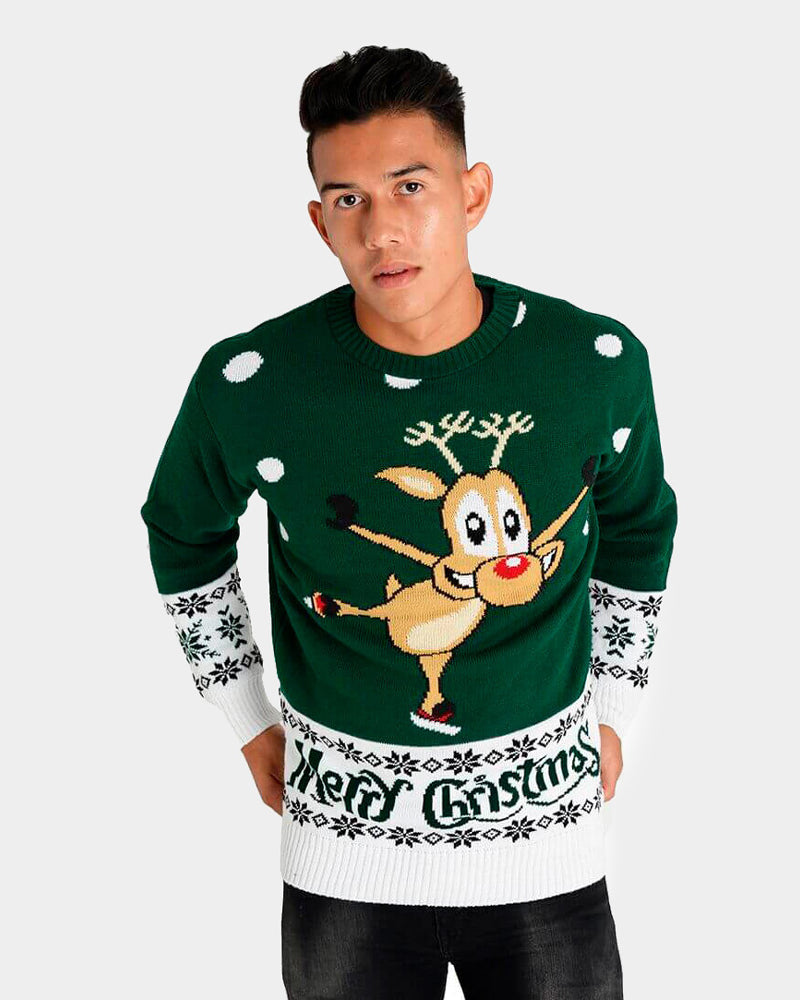 Pull de Noël Vert avec Renne Patinant Homme