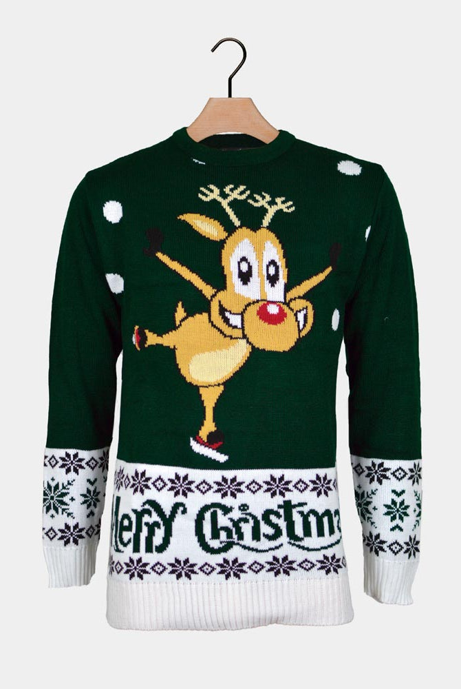 Pull de Noël Vert avec Renne Patinant