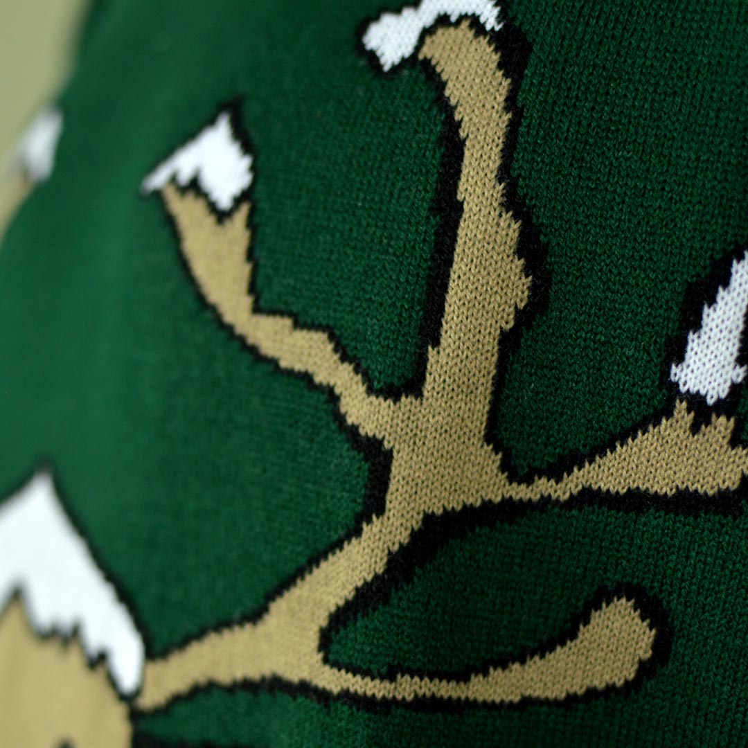 Pull de Noël Vert avec Renne Souriant Détail Neige
