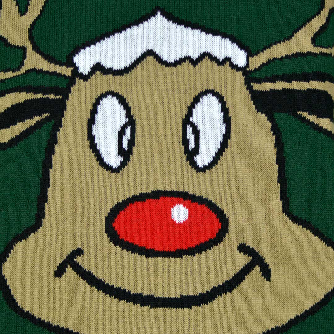 Pull de Noël Vert avec Renne Souriant Détail