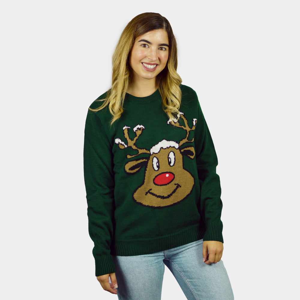 Pull de Noël Vert avec Renne Souriant Femme+