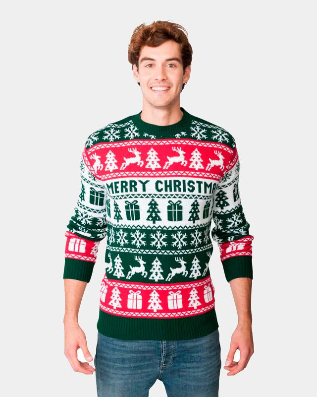 Pull de Noël Vert, Rouge et Blanc Merry Christmas Homme