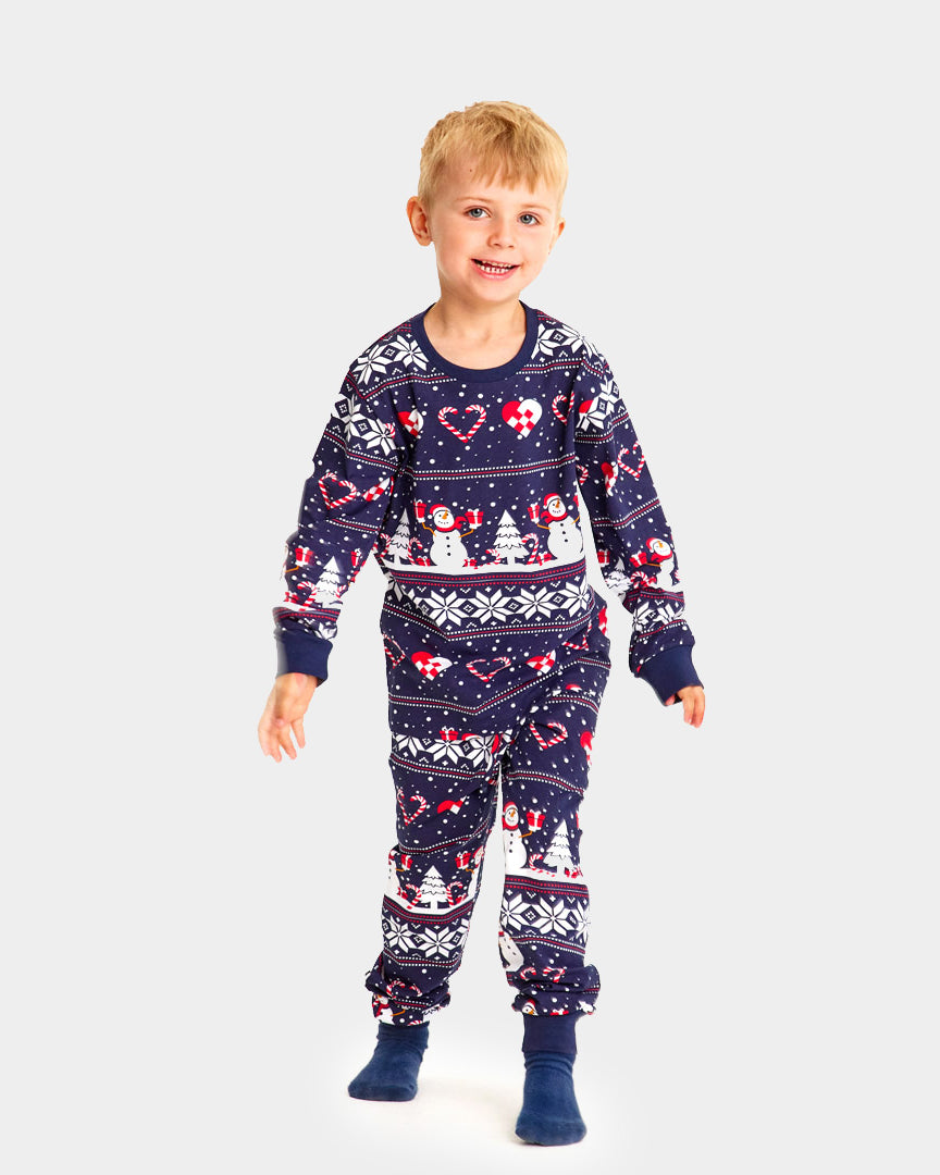 Pyjama de Noël Familial Bleu avec Bonhommes de Neige et Cœurs Enfants
