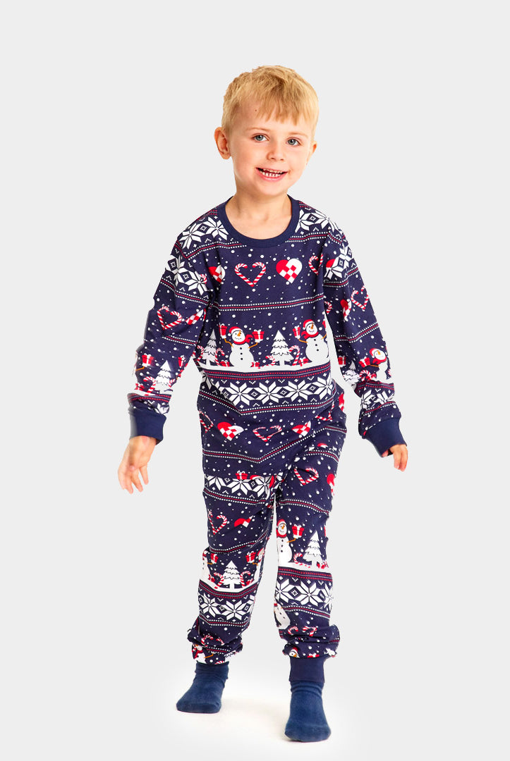 Pyjama de Noël Familial Bleu avec Bonhommes de Neige et Cœurs Enfants