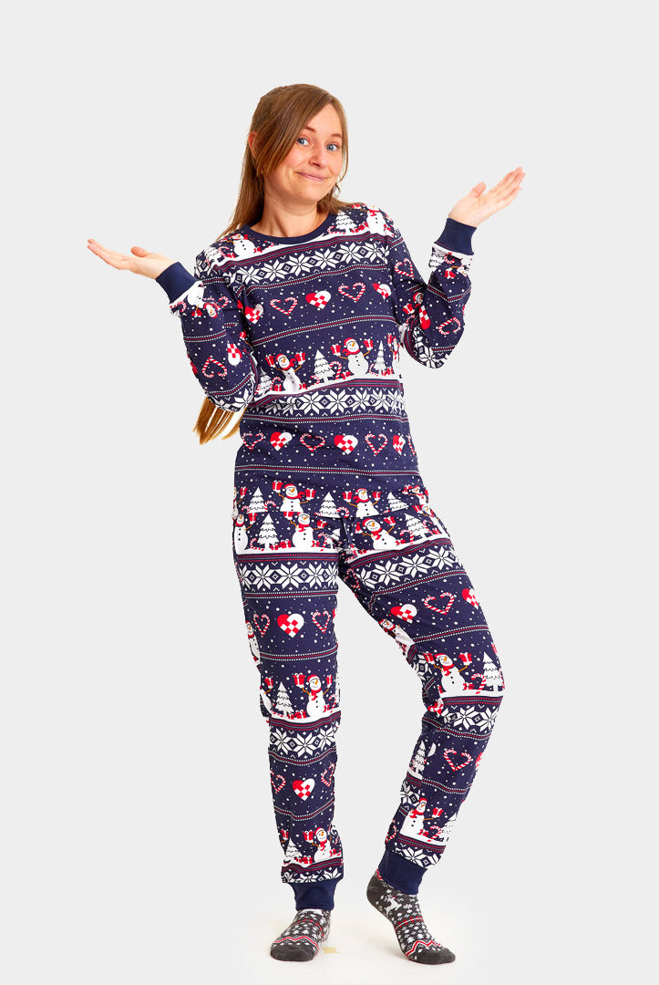 Pyjama de Noël Familial Bleu avec Bonhommes de Neige et Cœurs Femme