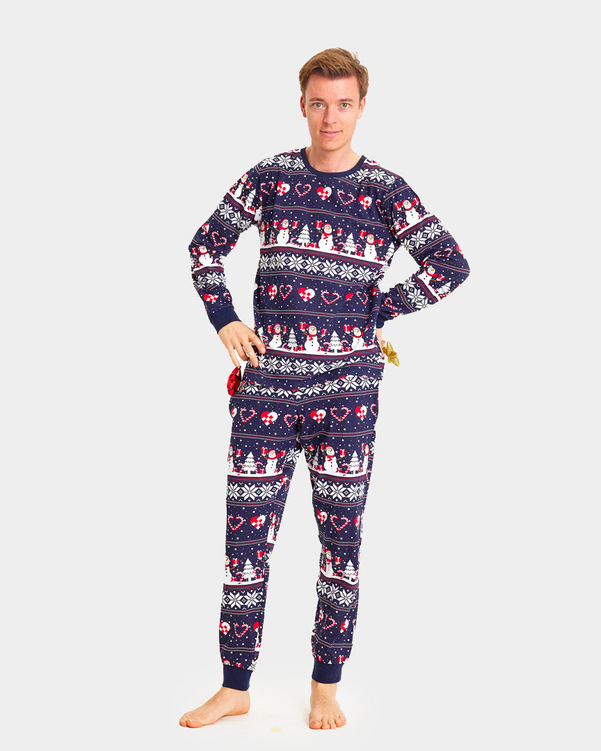 Pyjama de Noël Familial Bleu avec Bonhommes de Neige et Cœurs Homme