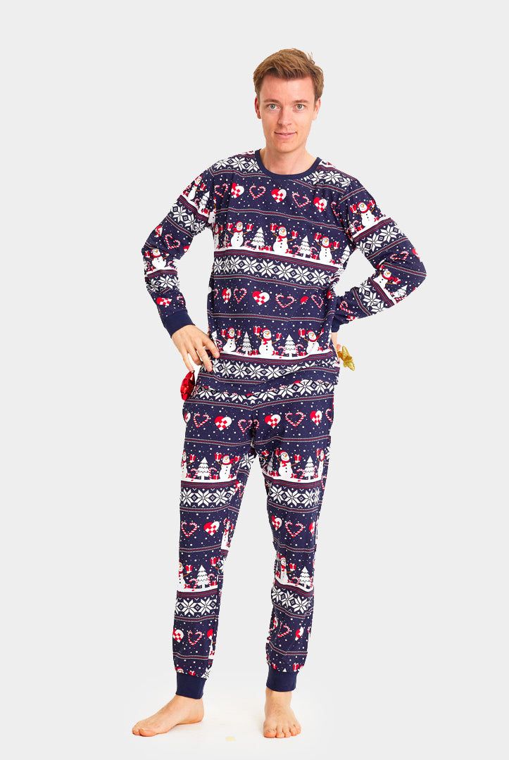 Pyjama de Noël Familial Bleu avec Bonhommes de Neige et Cœurs Homme