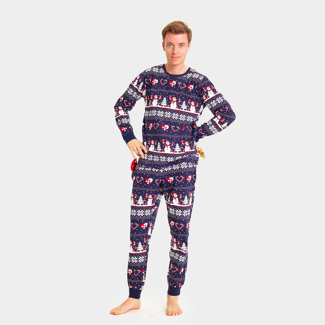 Pyjama de Noël Familial Bleu avec Bonhommes de Neige et Cœurs Homme