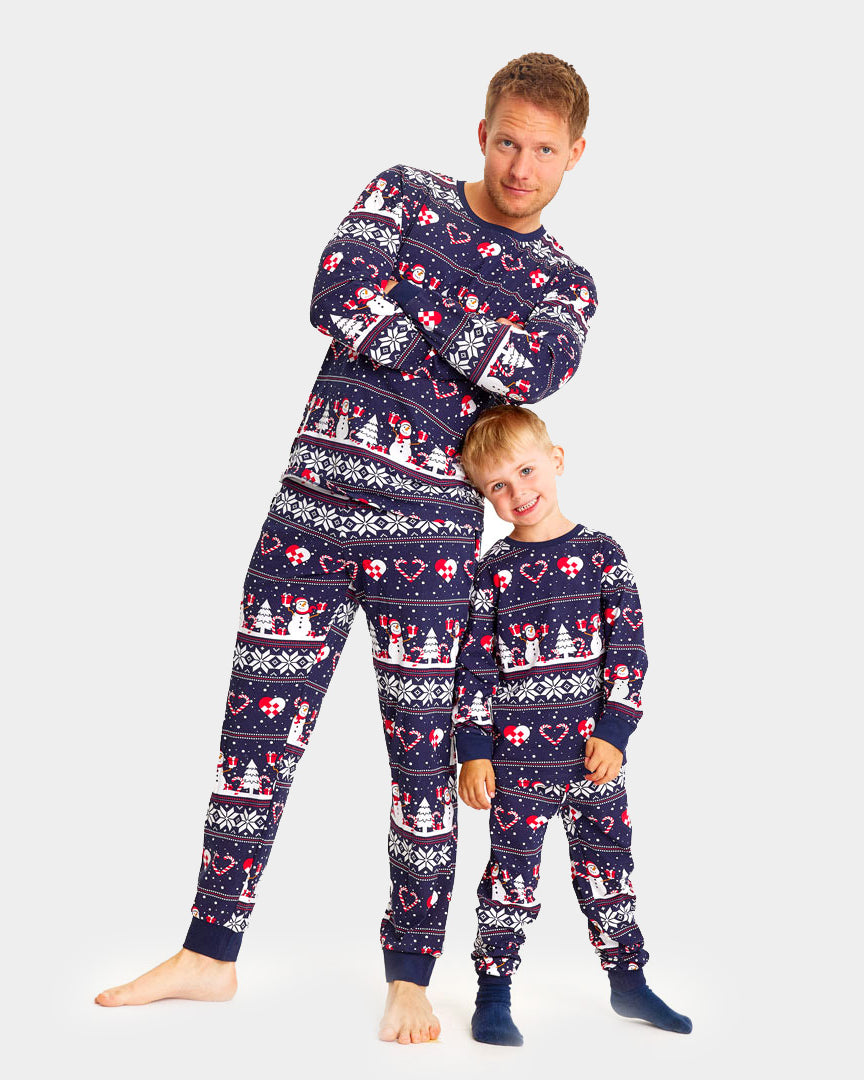 Pyjama de Noël Familial Bleu avec Bonhommes de Neige et Cœurs