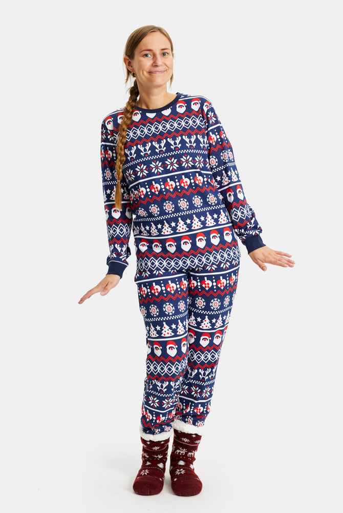 Pyjama de Noël Familial Bleu avec Père Noël, Sapins et Cœurs Femme