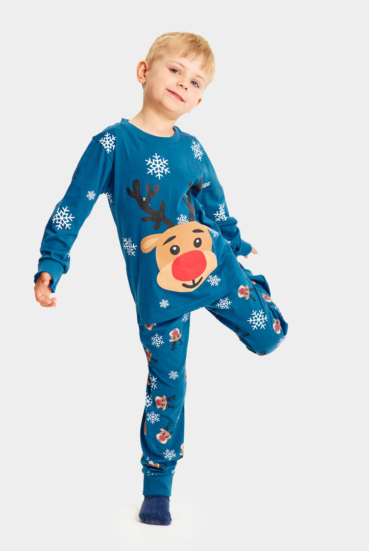 Pyjama de Noël Familial Bleu avec Rudolph le Renne Enfants