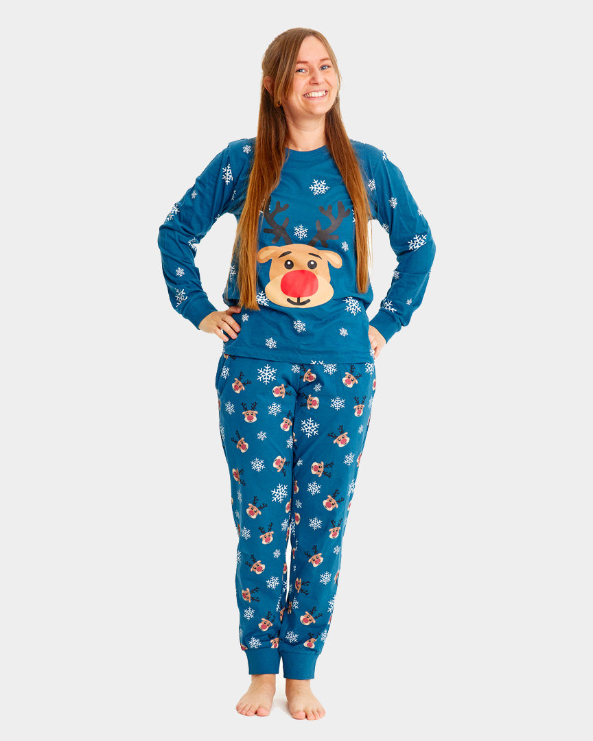 Pyjama de Noël Familial Bleu avec Rudolph le Renne Femme