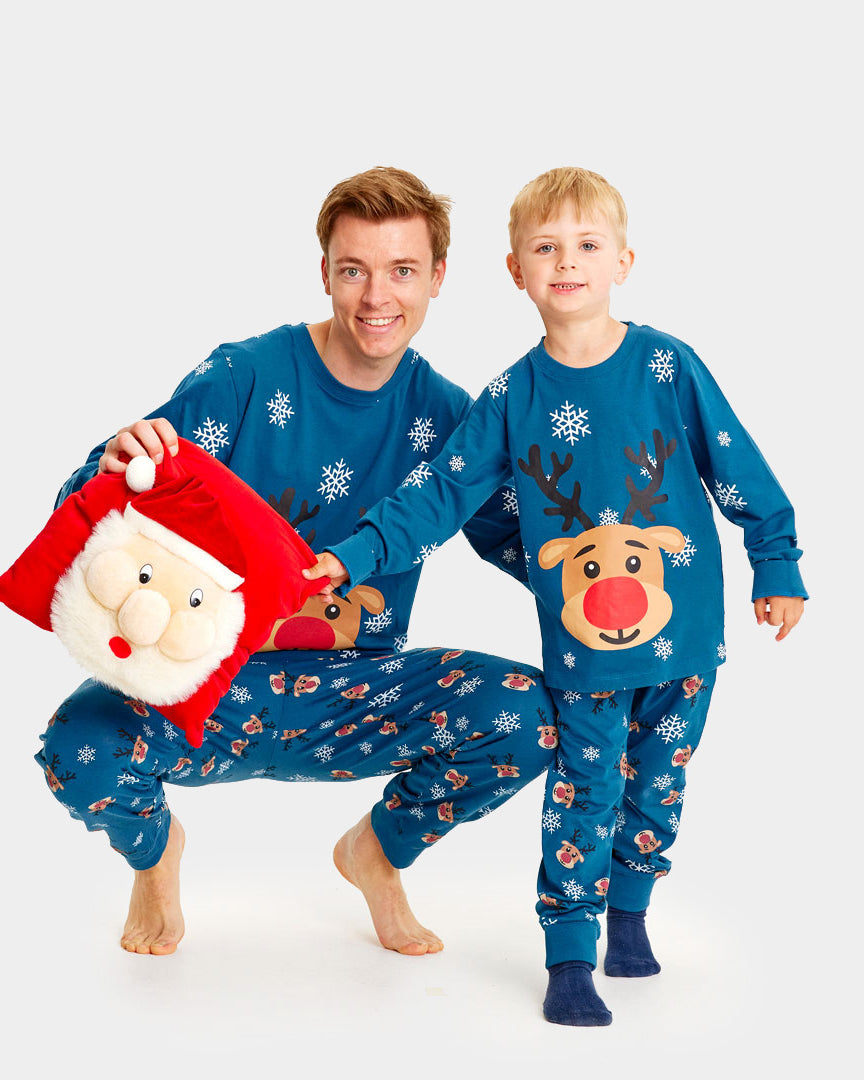 Pyjama de Noël Familial Bleu avec Rudolph le Renne
