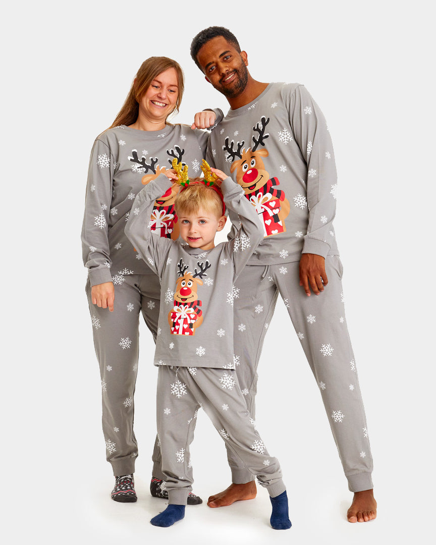 Pyjama de Noël Familial Gris avec Rudolph le Renne