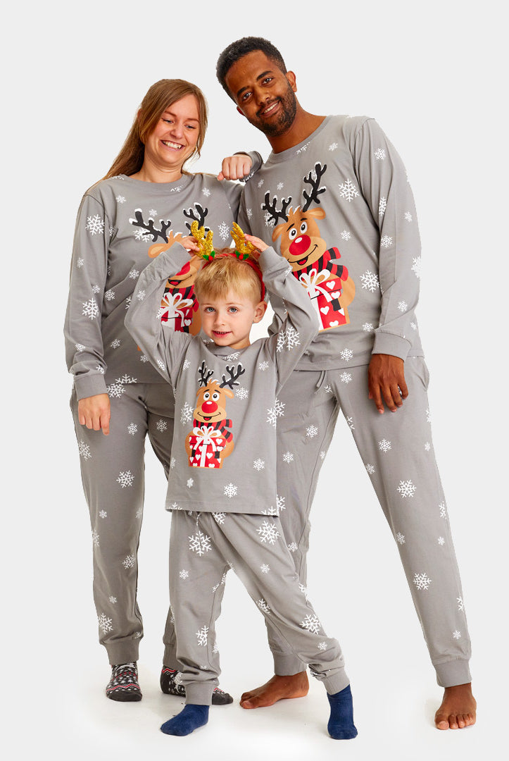 Pyjama de Noël Familial Gris avec Rudolph le Renne