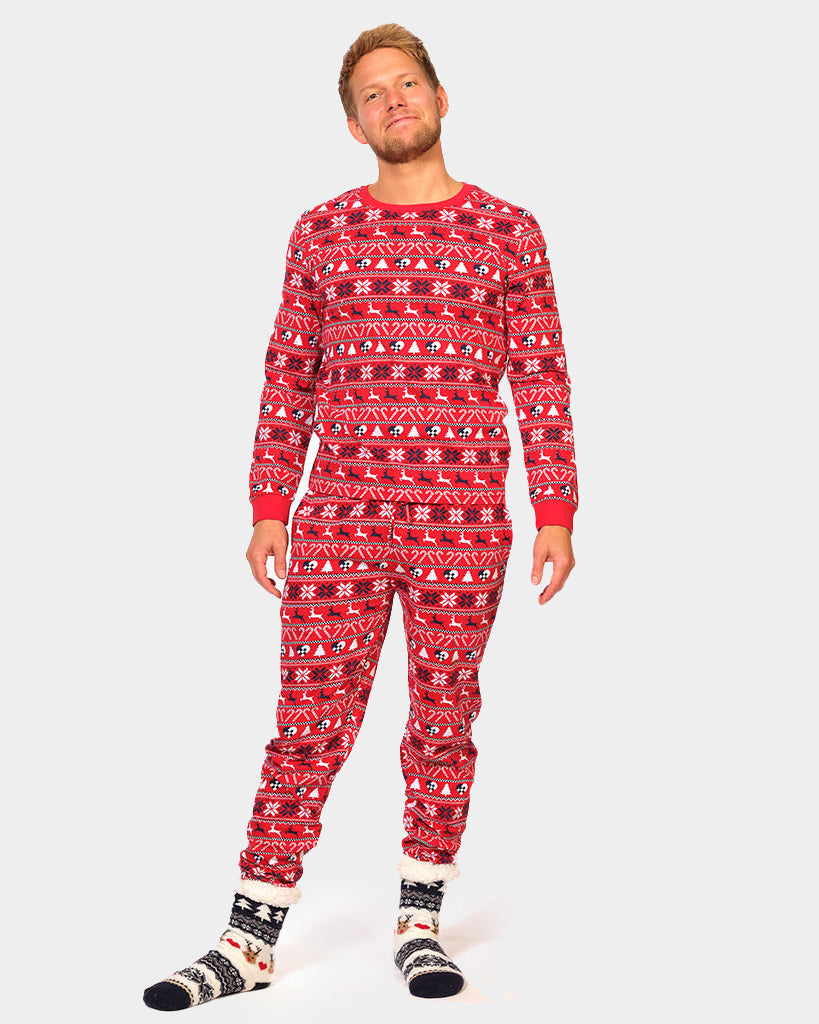 Pyjama de Noël Familial Rouge avec Rennes et Sapins Homme