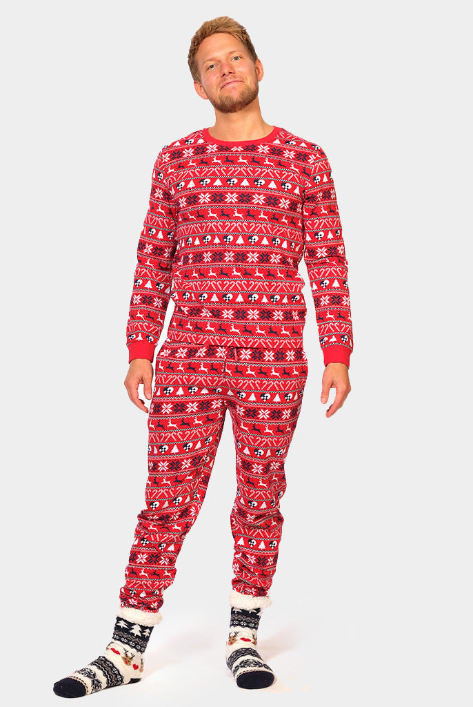Pyjama de Noël Familial Rouge avec Rennes et Sapins Homme