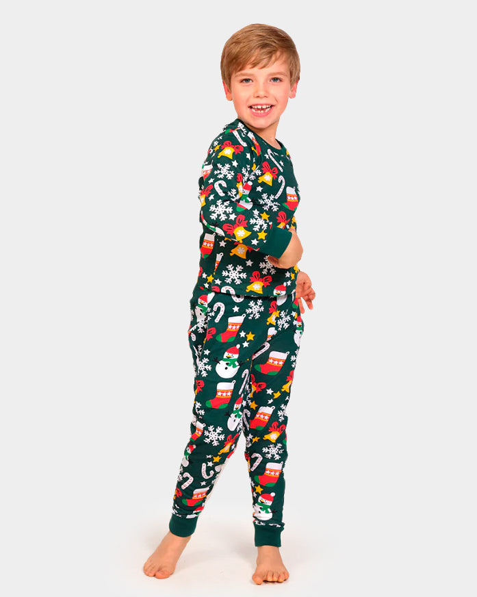 Pyjama de Noël Familial Vert avec Motifs de Noël