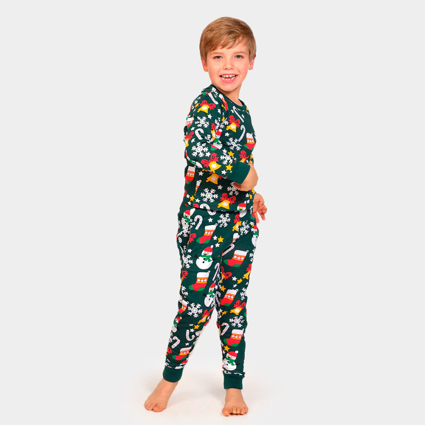 Pyjama de Noël Familial Vert avec Motifs de Noël