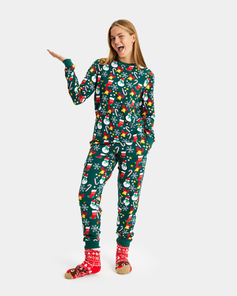 Pyjama de Noël Familial Vert avec Motifs de Noël Femme